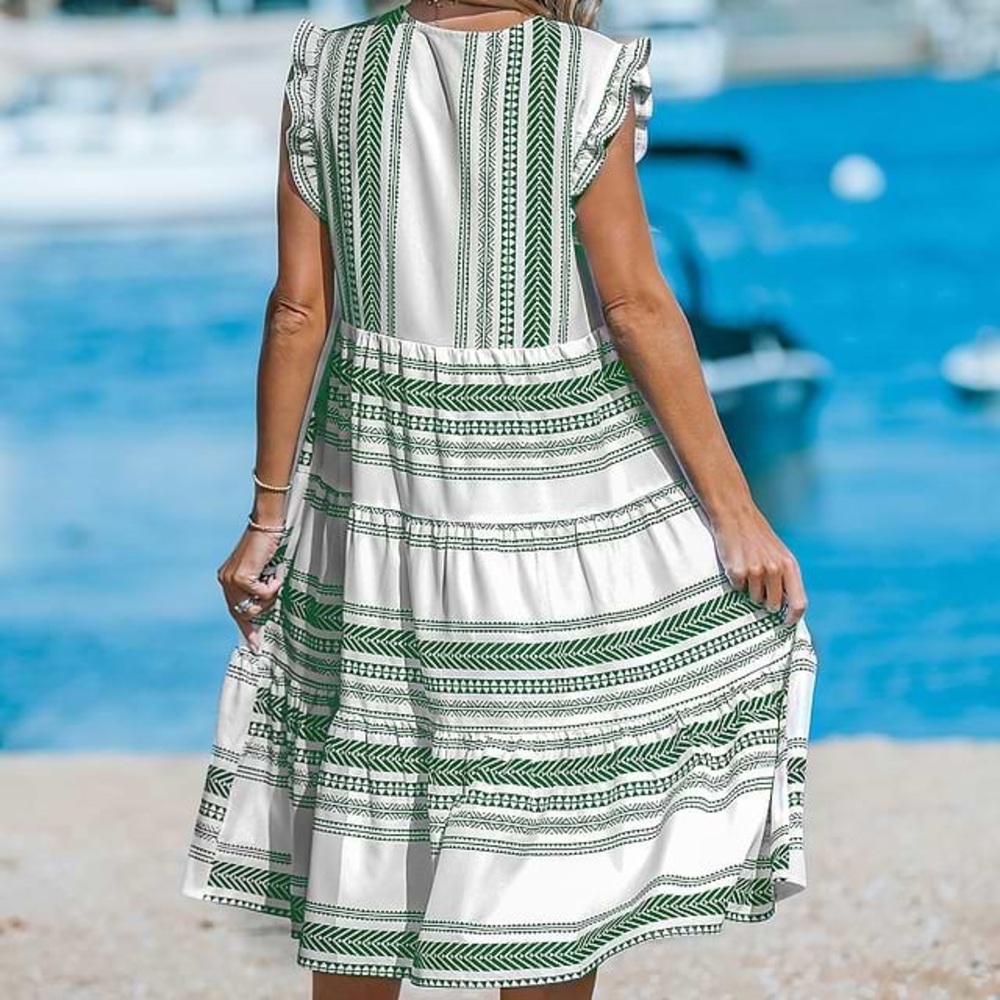Green and White Striped Summer Midi Dress - Picture 2 of 5